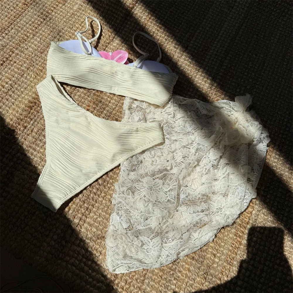 Sexy Zwarte Bikini Roze Bloem Badpak Lace Cover Ups Vrouwen Ribbels Zwemmen Bikini Vakantie Badmode Strand Outfit Badpak