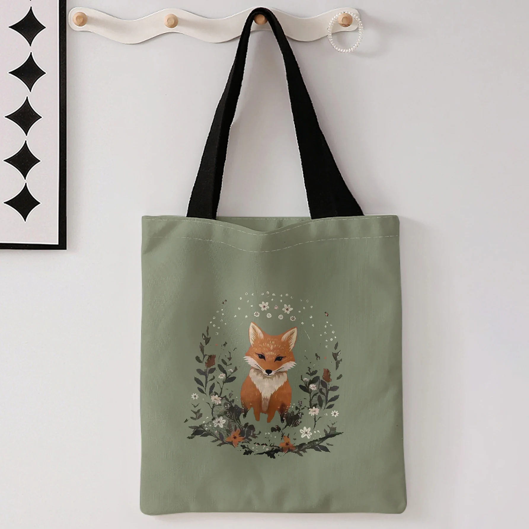 Fox Floral Wreath Print Tote Bag With Black Handles Large Shoulder Handbag For Shopping Daily Use