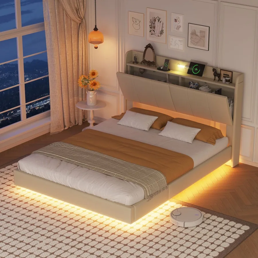 

Queen Size Floating Bed Frame with Storage board Modern Upholstered Platform Bed with Touch Sensor Night Light and USB Charger