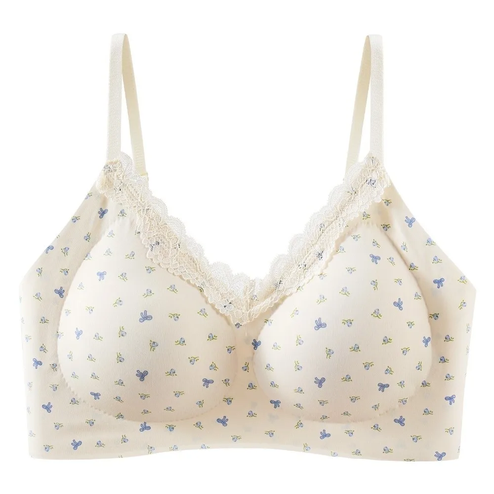 Traceless Lace Wireless V Bra Grid Pattern Shockproof Brassiere for Women Anti-sagging Gathered Breasts Lace Floral Print Bra
