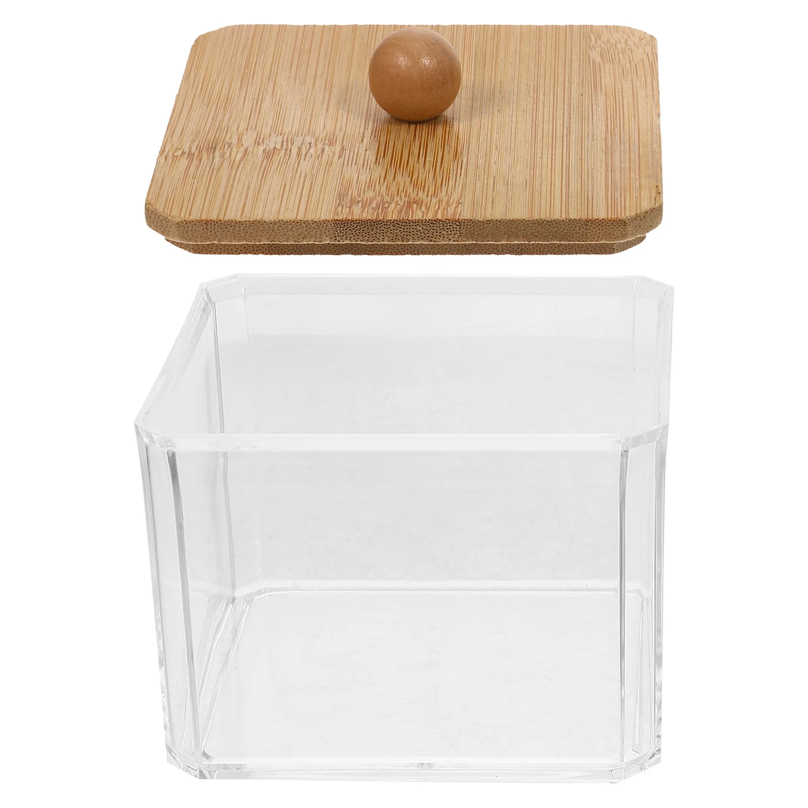 منظم المكياج، حاوية بلاستيكية شفافة، غطاء خشبي، صندوق تخزين مكتبي لمسحات القطن، كرات دائرية، صندوق وسادة قطن بغطاء #1