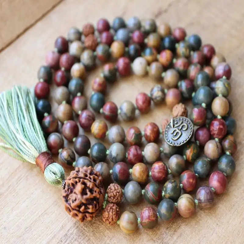 

Natural Picasso Jasper 108 Beads Mala Necklace with Rudraksha Pendant & Green Tassel Spiritual Jewelry