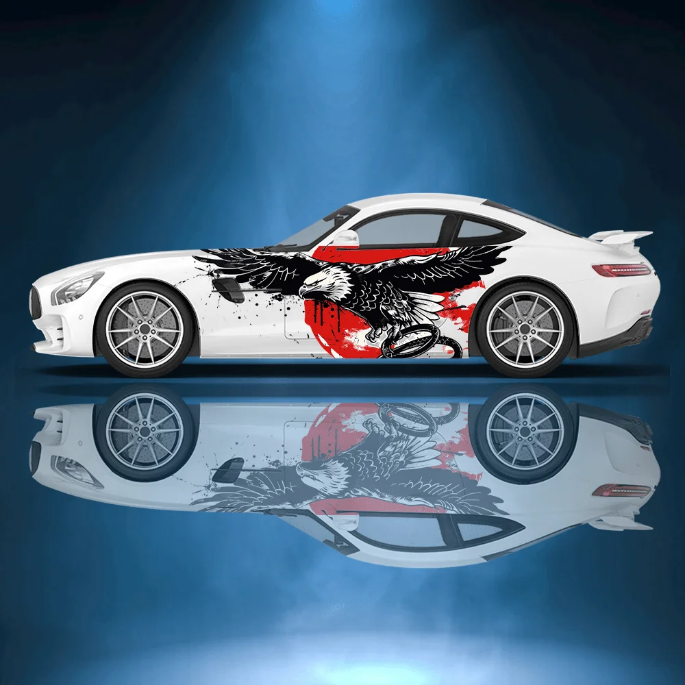 2PCS Fierce eagle in the air grabbing a snake; red round sun sticker; car sticker with full body decal decoration covering scrat