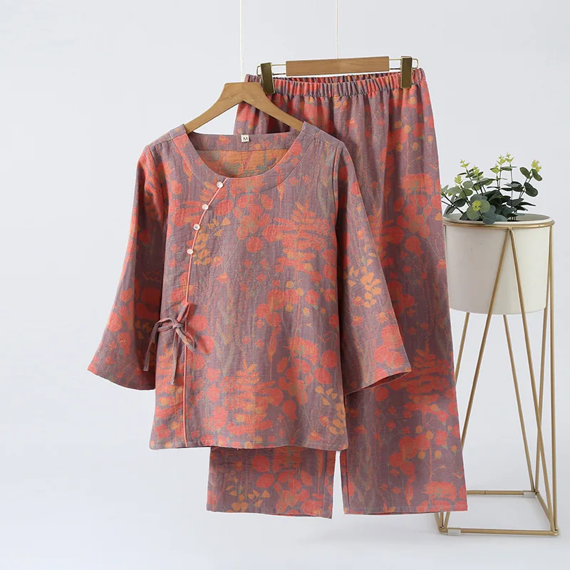 

Retro Jacquard Cotton Women's Nightwear Spring New Long Sleeve Trousers Sleepwear Pajamas Set Sleep Suit Casual Home Clothes