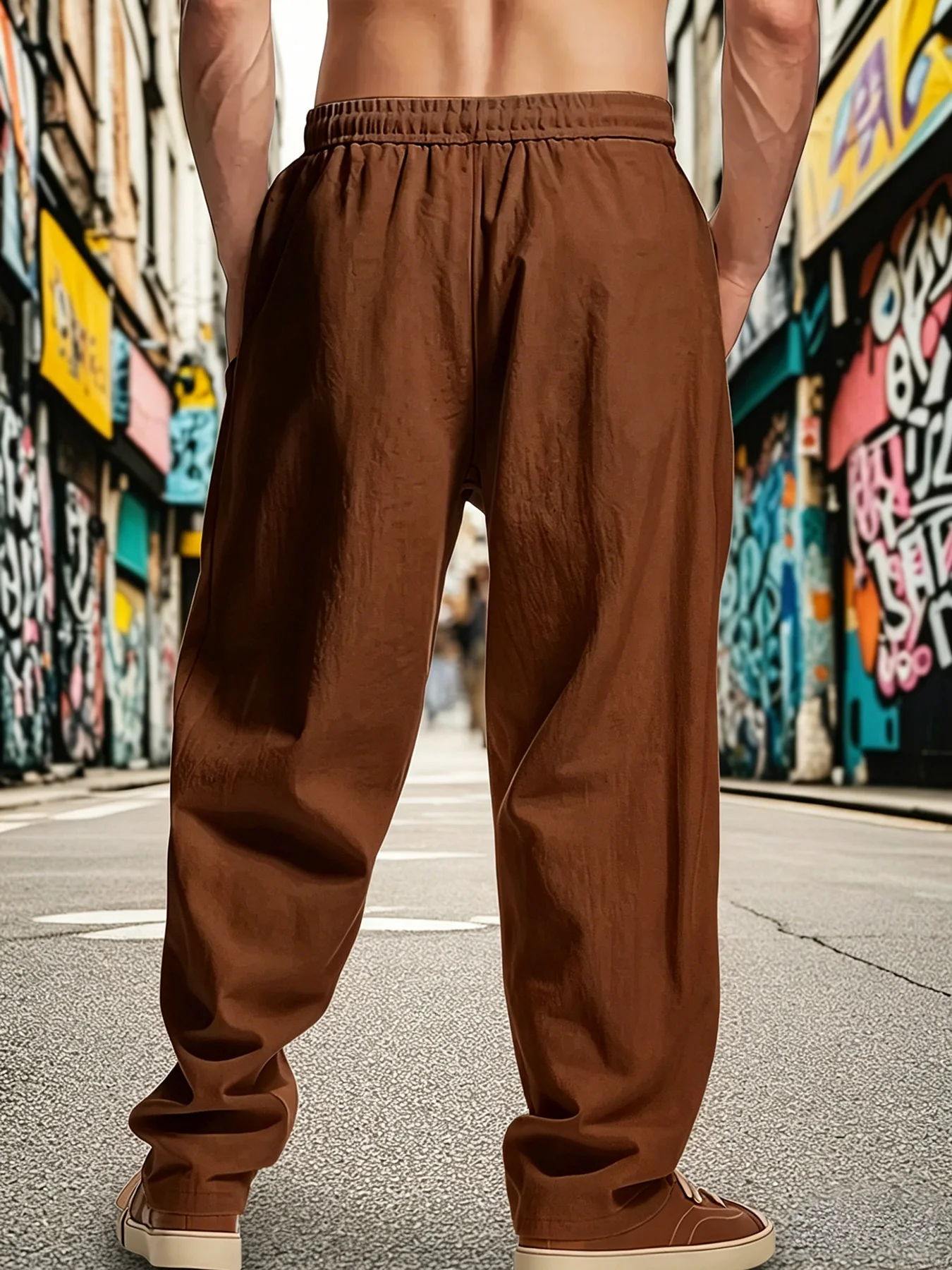 Multi-color Pack Men Summer Linen Look Wide Straight Trousers Elastic Drawstring Waist Open Hem Breathable Casual Pants 3 Pieces