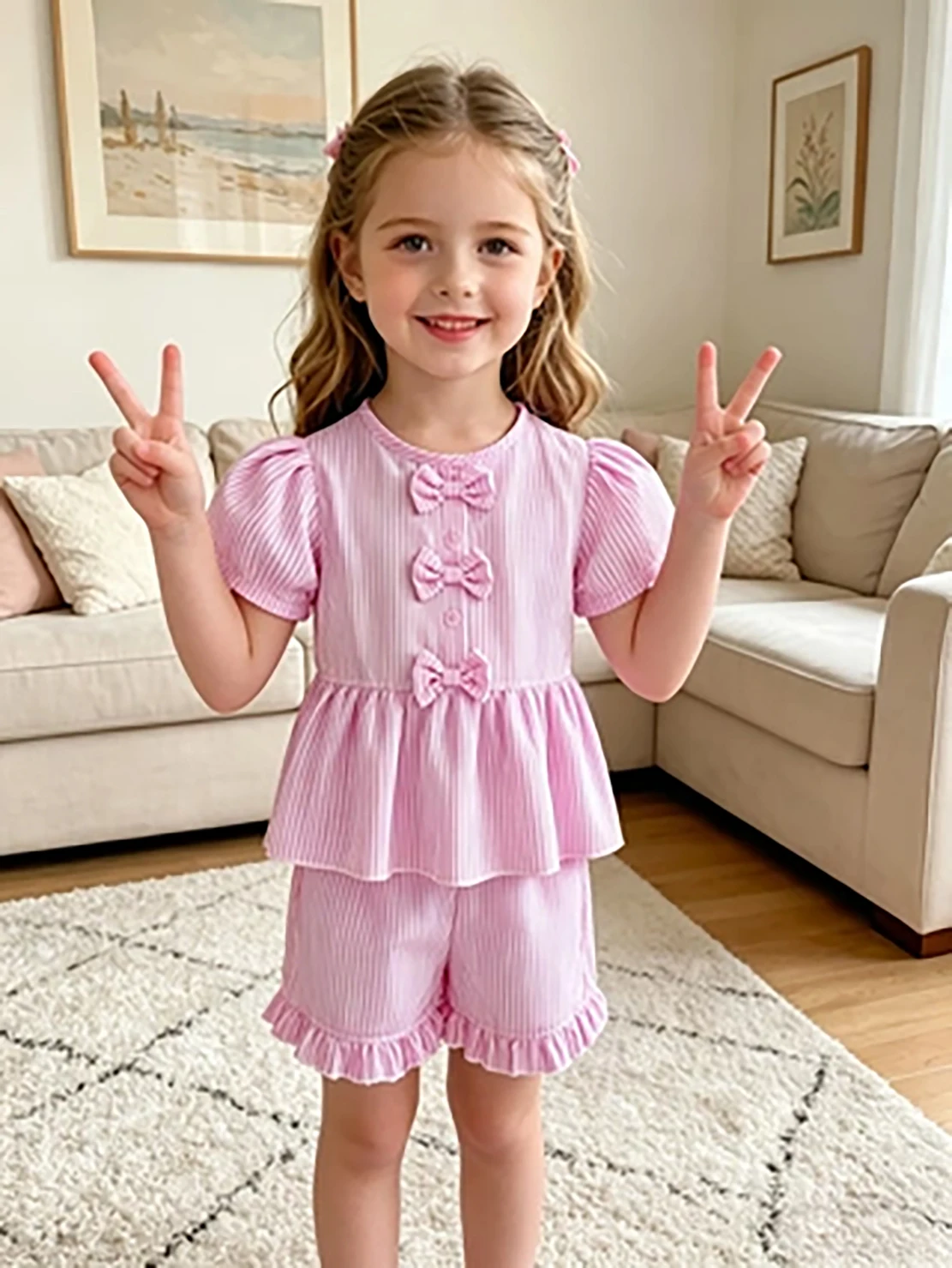Girls' Pink Thin‑Stripe Two‑Piece Set, Puff‑Sleeve Top with Bow & Ruffle Details and Lace‑Trimmed Shorts, Kids Casual Outfit