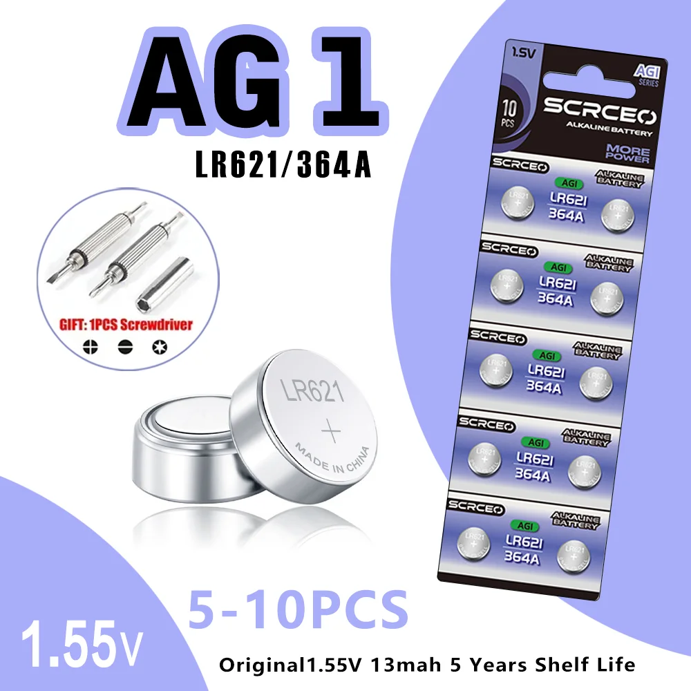 5-10 قطعة LR621 AG1 SR621SW、LR60、364A 1.5 فولت بطارية ليثيوم ثاني أكسيد المنغنيز ، مناسبة للحاسبة والساعات