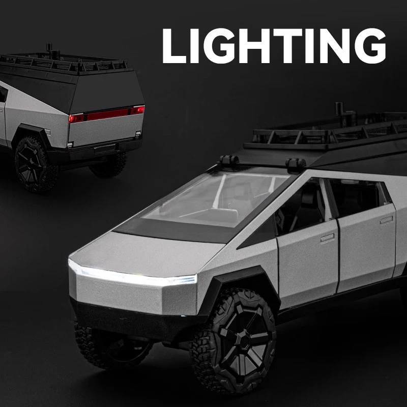 1:24 Cyber Pickup Legering Automodel Simulatie Geluid en licht Trek speelgoedauto Metalen terreinwagen Jongenscollectie Ornamenten