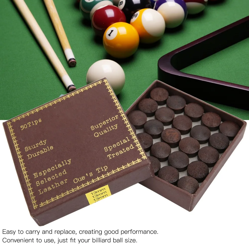 

50pcs 13MM Pool Billiard Cue Tips Cowhide Storage Box Billiard Cue Tips Red Brown Pool Stick Tips Billiard Replacement