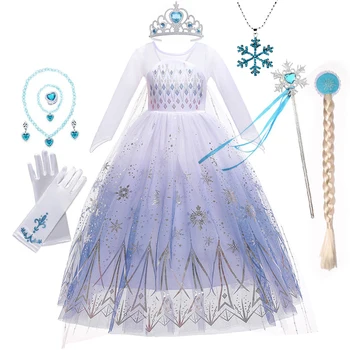 Birthday Kid Girls Cosplay White Elsa Mesh Costumes Snow Queen Elsa Princess Long Dress Halloween Party Carnival Clothes Vestido 2