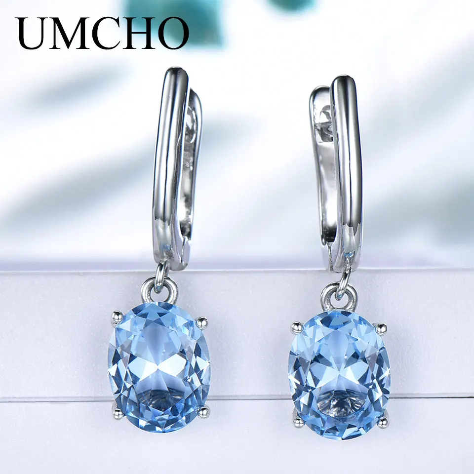 

UMCHO Blue Topaz Gemstone Clip Earrings for Women Genuine 925 Sterling Silver Fashion Earrings Bridal Wedding Jewelry Party Gift