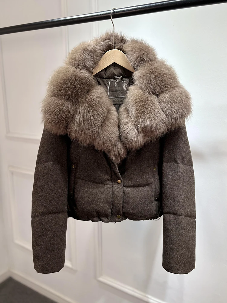 Janveny Luxury Winter 90% White Duck Down Wool Blends Jacket Women 2025 New Real Natural Fox Fur Thick Warm Puffer Down Coat