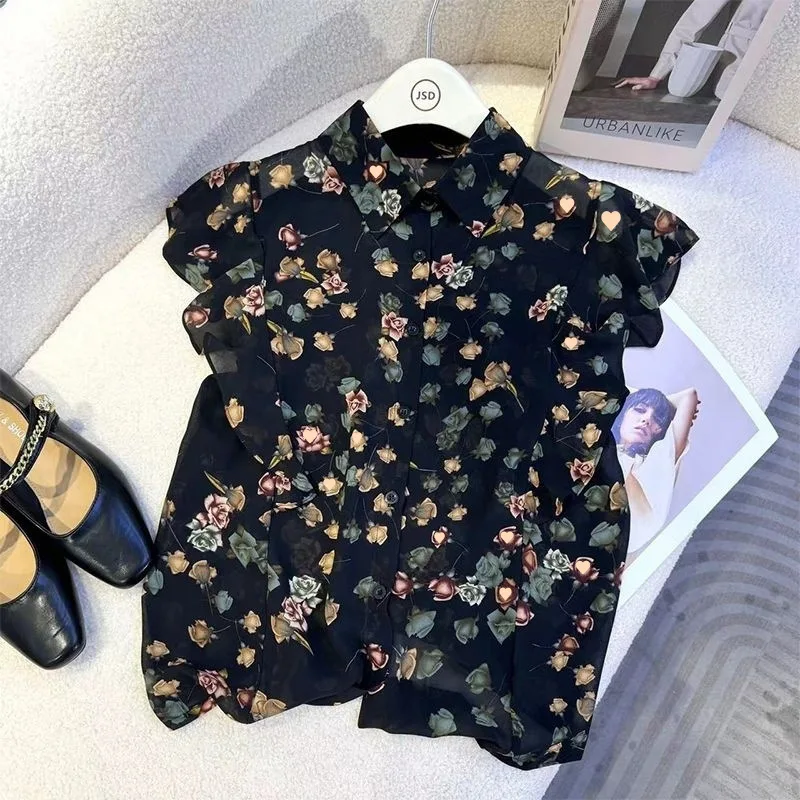 

Womens Floral Print Chiffon Blouse Ruffle Sleeve Button Down Elegant Casual Top