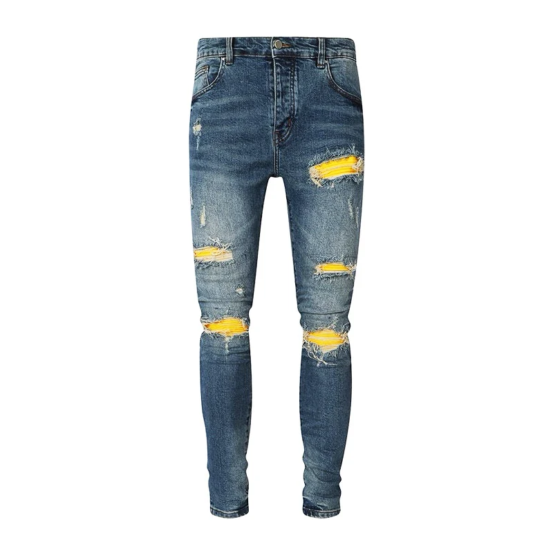 street new designer fashionable men's jeans blue stretch slim fit retro hip-hop brand pants jeans Y2K