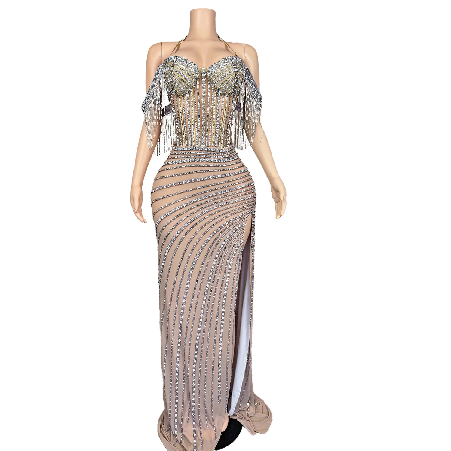 Gorgeous Rhinestone Fashionable Evening Dress Sexy off Shoulder Slit Dress Birthday Wedding Banquet Party Celebrity Dress saidao