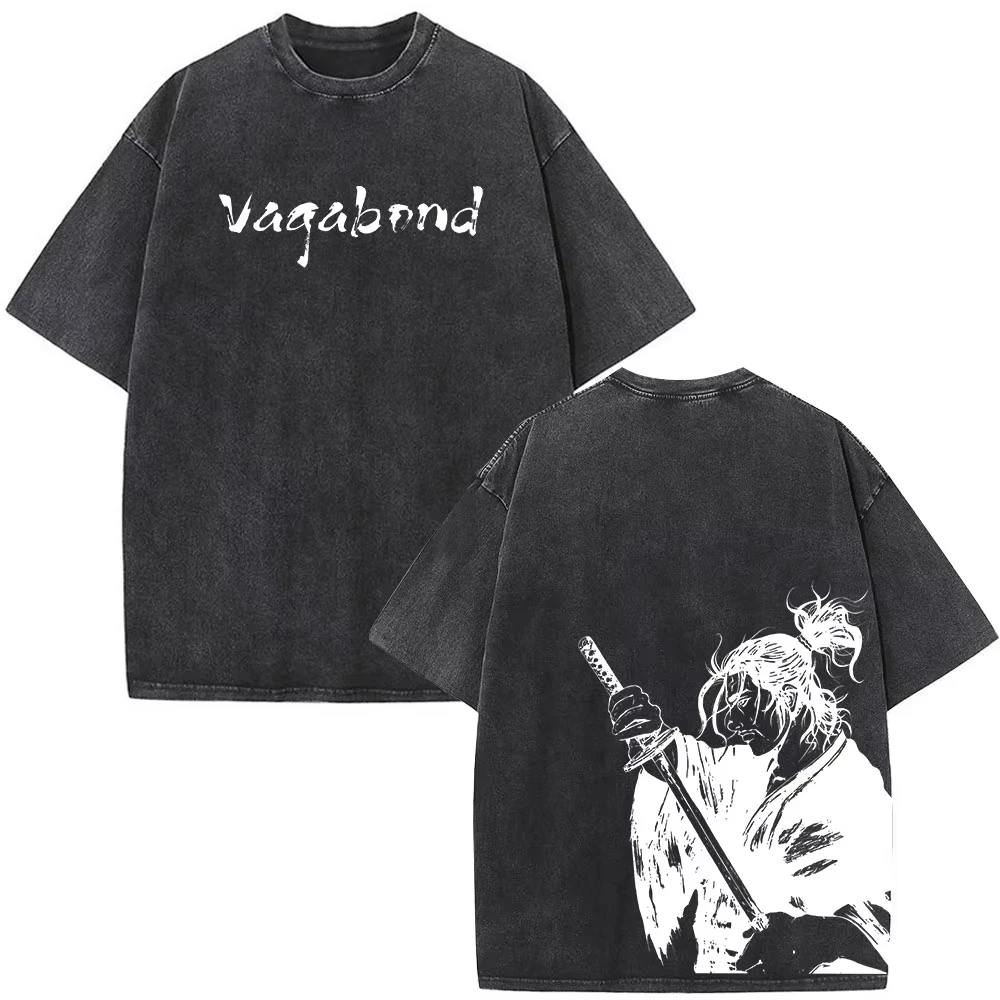 Anime Vagabond Miyamoto Musashi Vintage Washed T-shirt Manga Graphic Print Men Women Harajuku Fashion Oversized Summer New Tee