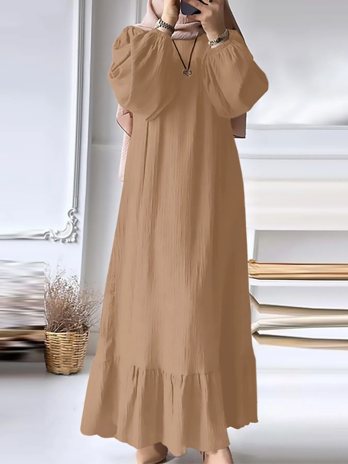 Long Sleeve Round Neck Dress Mid Waist Casual with Puff Sleeve Loose Fit Elegant Commuter a Line Daily Loose Spring for Women