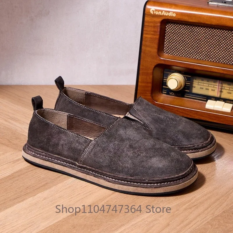 Handmade Stitching Cow Suede Slip on Loafers Men's Vintage Flat Casual Fisherman Moccasin Shoes Male Genuine Leather Soft Sole