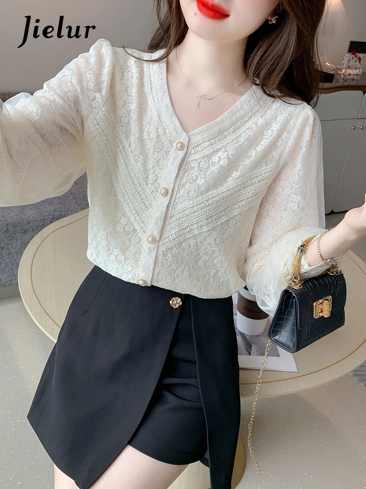 Jielur Autumn New Solid Color Slim Lace Women Shirt Sweet Ladies Elegant Chiffon Shirt Woman Apricot Long-Sleeved Top Female