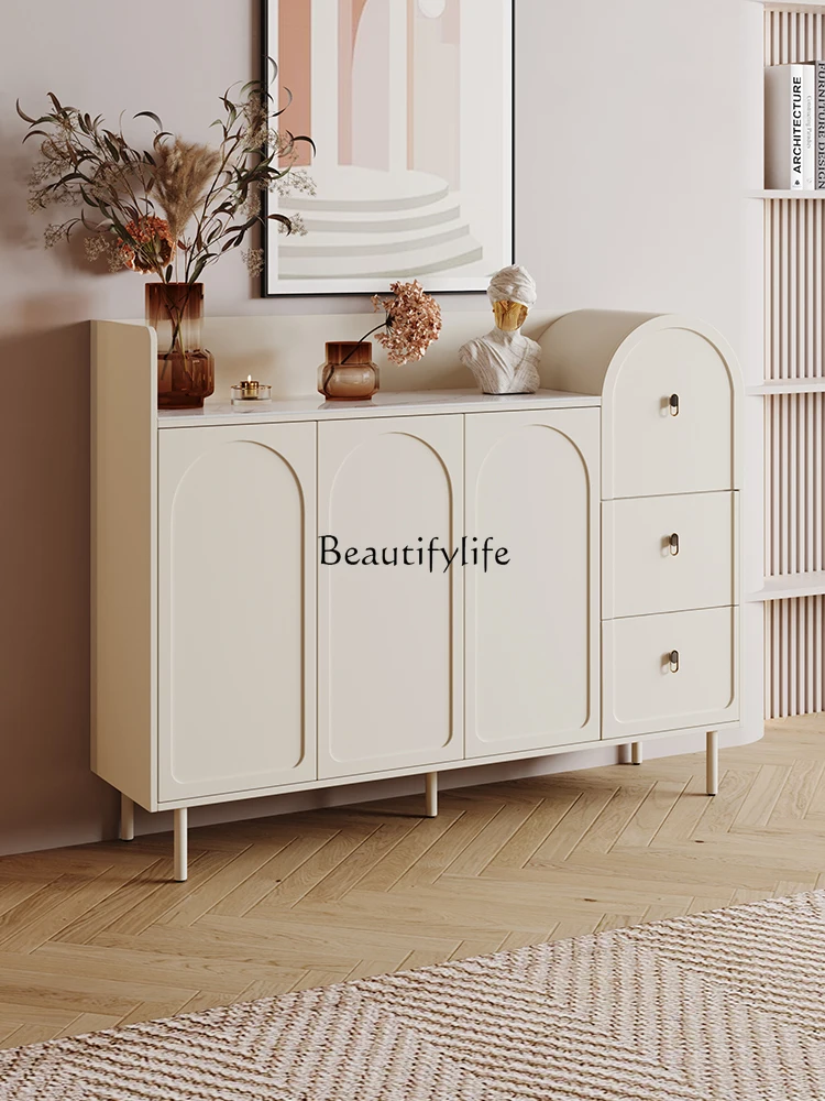 

12Cream Style Sideboard Cabinet Wall Integrated Stone Plate Locker Modern Minimalist