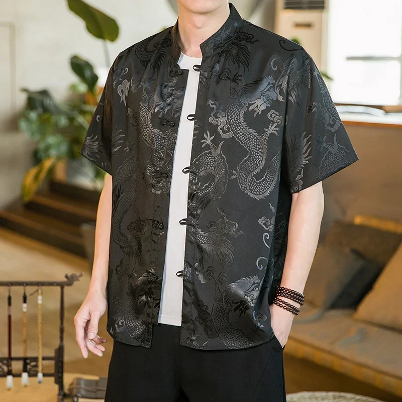 

Мужская красная рубашка с коротким рукавом в китайском стиле, летние однобортные рубашки с квадратным воротником, черно-белые винтажные топы азиатских размеров