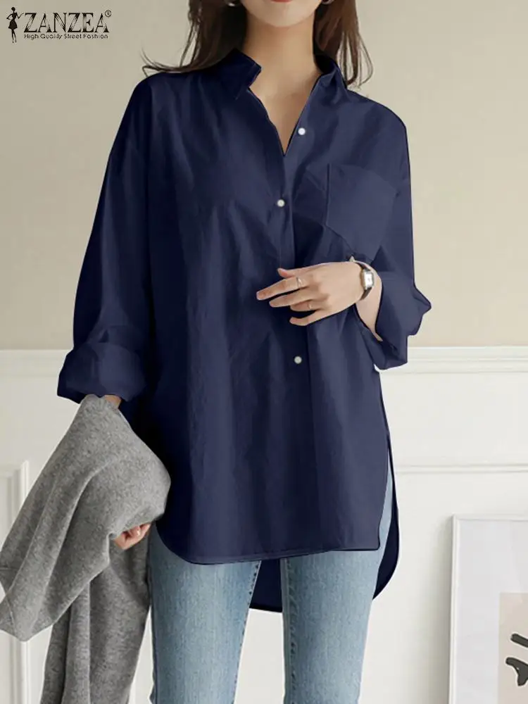 Women Vintage Long Sleeve Tops ZANZEA Solid Cotton Blouse 2023 Autumn Oversized Lapel Shirts Casual Work Irrgular High Low Tunic