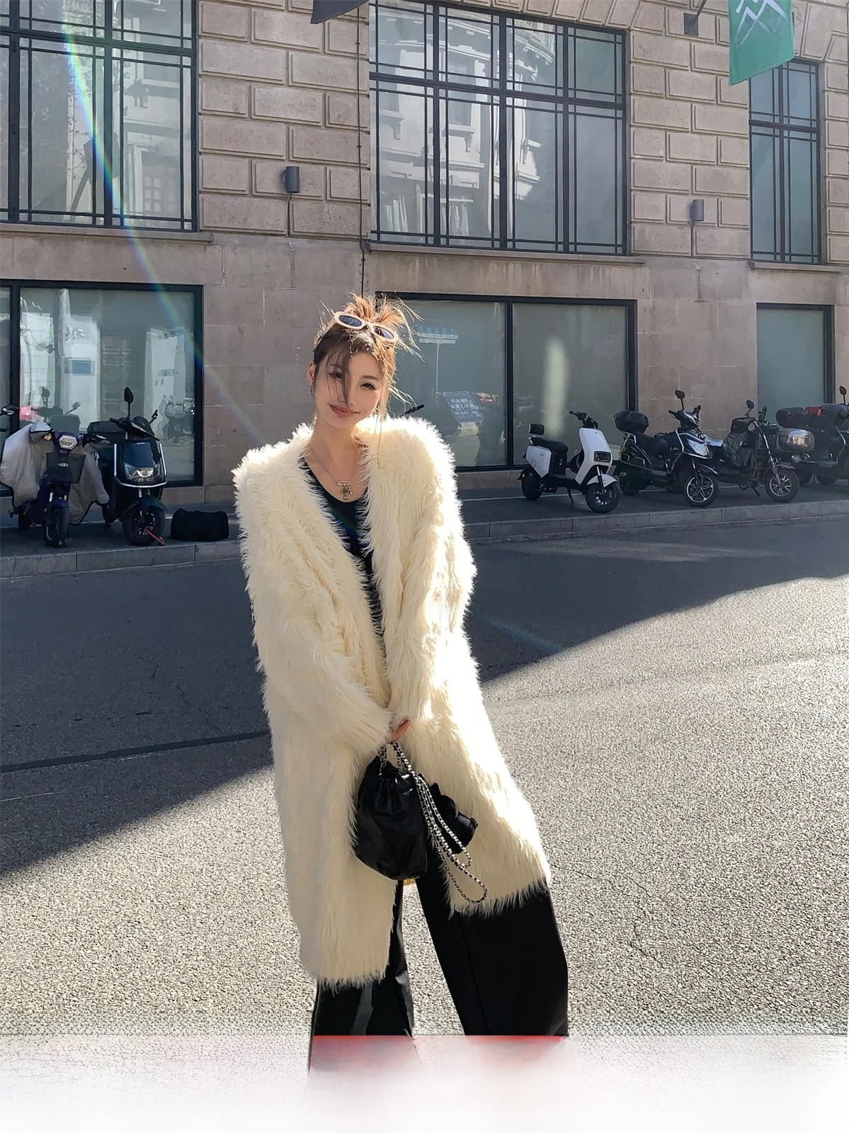 

GV Lazy Bear Long Fluffy Jaet Mid-Length Women's Winter Coat Comfortable Soft Outerwear Trendy Lazy Aosphere Sle