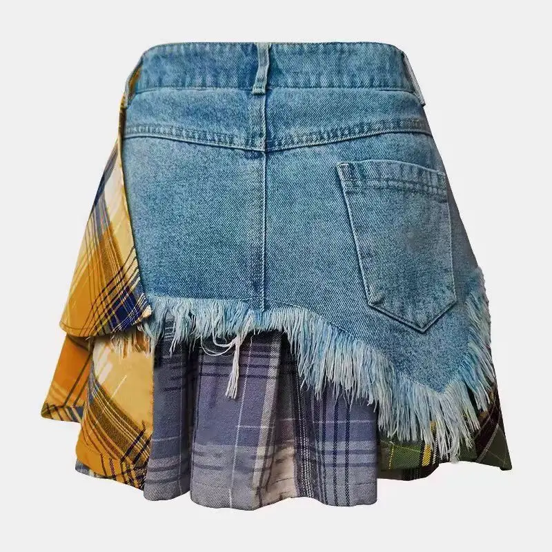 Streetwear Harajuku High Waist Casual Vintage Plaid Patchwork Denim Shorts Women Y2K Sexy Slim HotSweet 2000s Jean Shorts