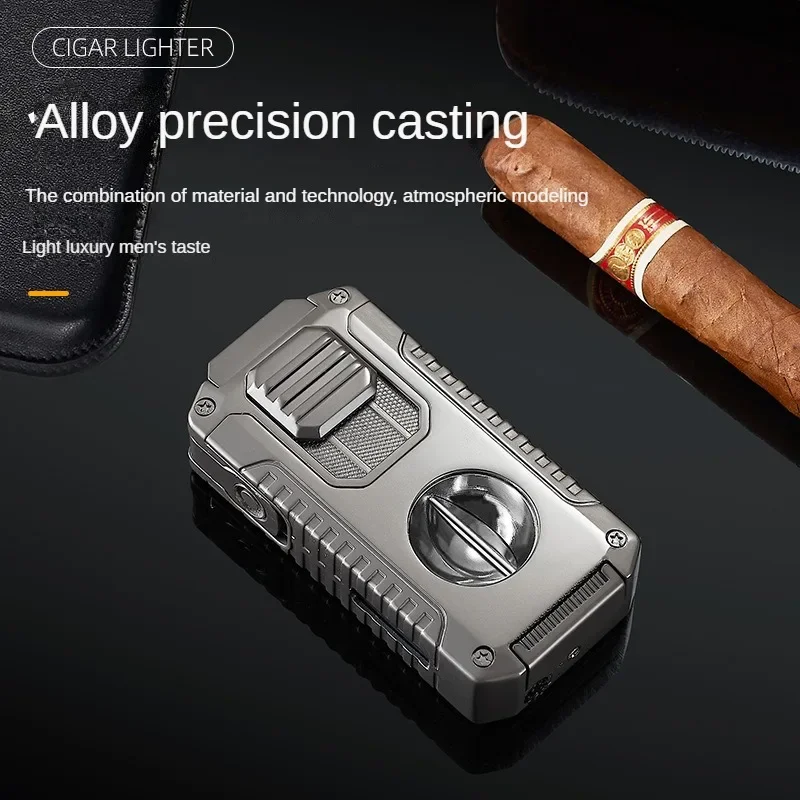 Multifunctional Three-jet Flame Direct Injection Cigar Lighter with Built-in V-shaped Cigar Cutter Portable Five-in-one
