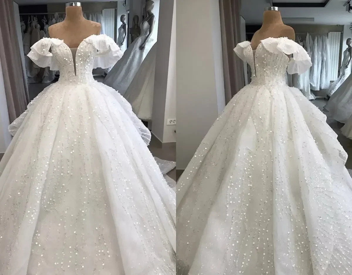 Customized  Ruffles Off The Shoulder Shinny Crystals Pearls Wedding Dresses Sweep Train Sweetheart Arabic Vintage Bridal Gown
