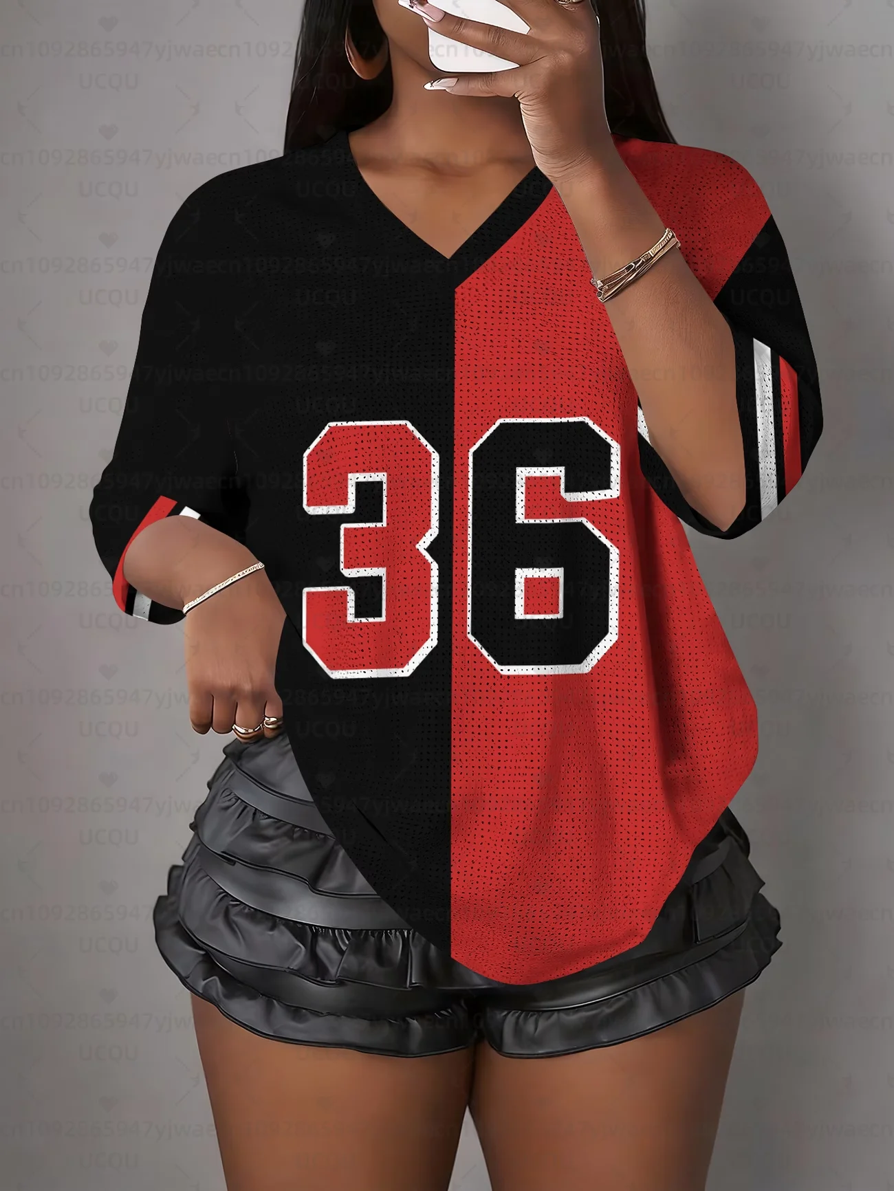 Women's NO.36 Print V-Neck Short Sleeve T-Shirt Summer Graphic Tee Hole Mesh Jerseys Plus Size Sport T-Shirt