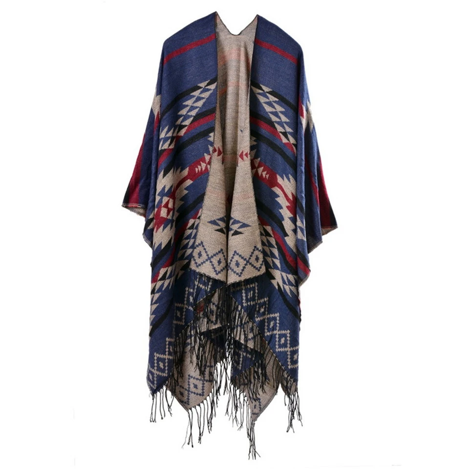 Bohemian Women\'s Autumn Winter Poncho Ethnic Scarf Fashion Print Blanket carves Lady Knit Shawl Tassel Cape Thicken Pashmina