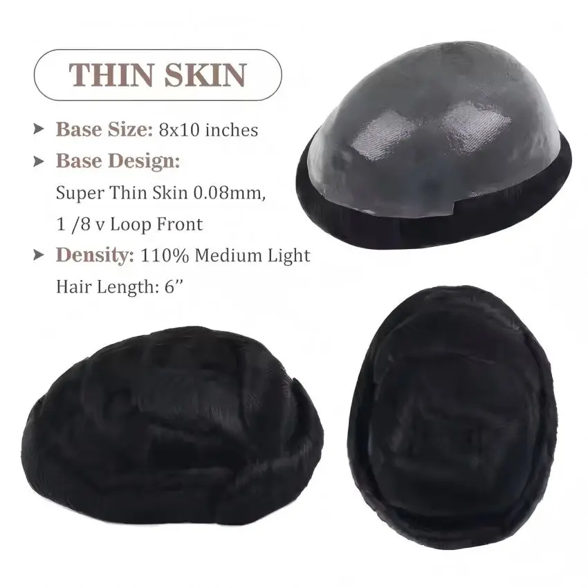 شعر مستعار للرجال ذو جلد رقيق طبيعي 1B # باروكة شعر بشري 8 × 10 مع خط شعر طبيعي لأنظمة الاستبدال