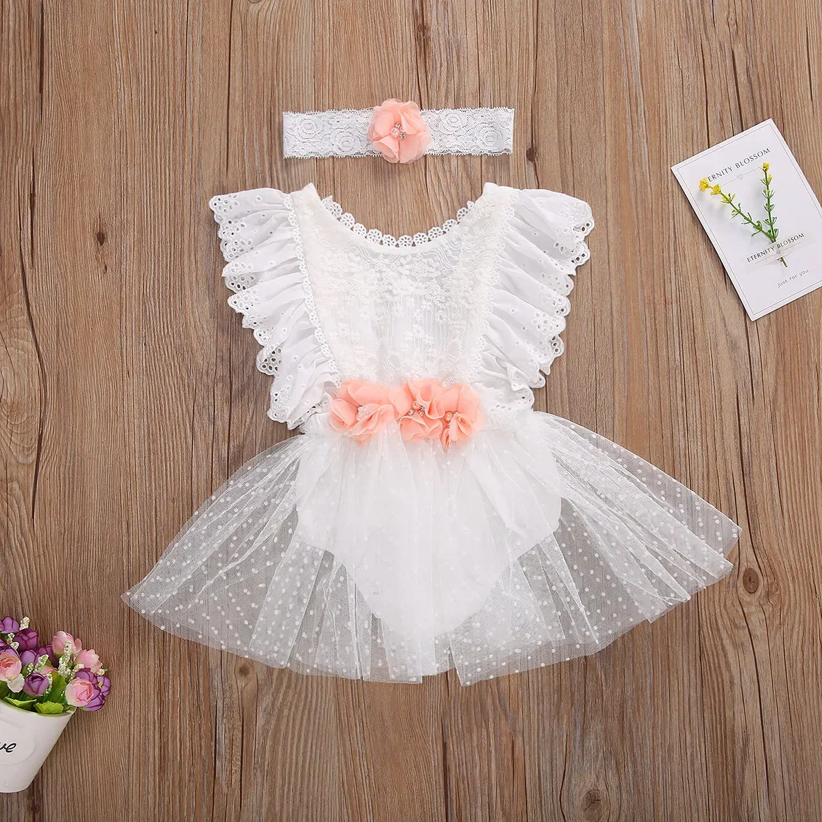 

Newborn Baby Girls White Lace Romper Dress + Headwear Set, Sleeveless One-Piece, Round Neck, Infant Clothing for 0-24 Months