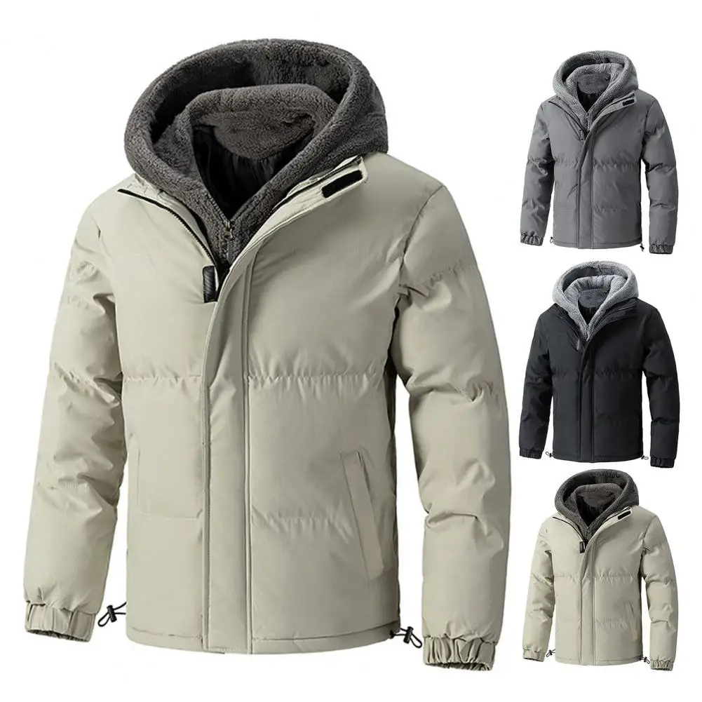 Winter Men Plush Lining Coat  Fake Two Pieces Long Sleeve Hooded Jacket Windproof Zipper Placket Thermal Insulation Outerwear