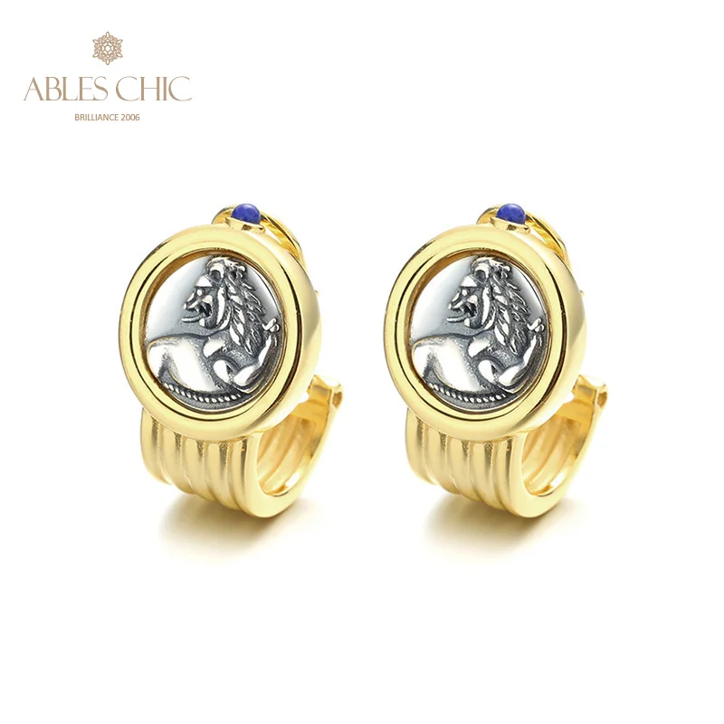 

Ables Chic Looking Back Lion Greek Coins Solid 925 Silver Roman Coin Natural Lapis Stud Earrings E1007