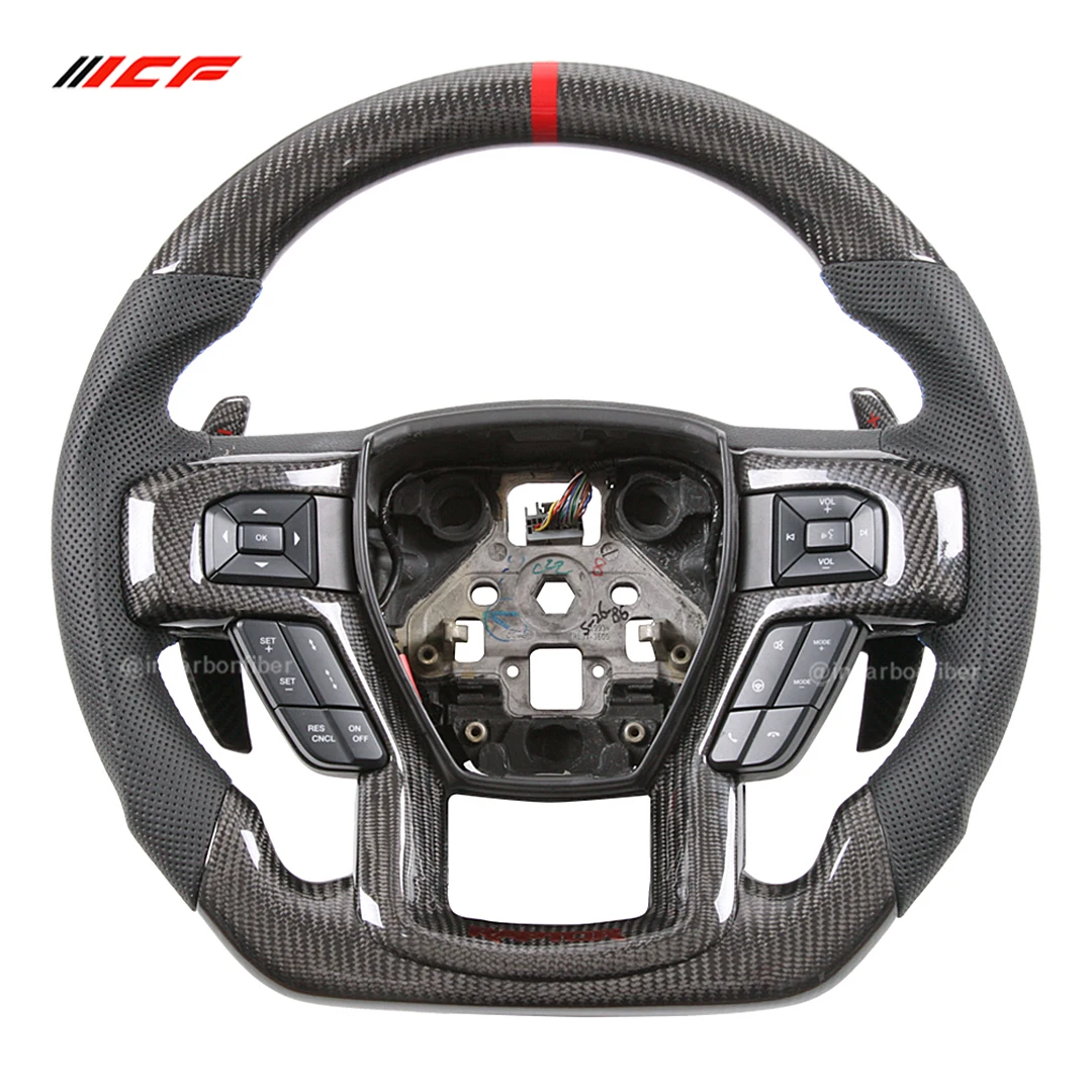 Real Customized Carbon Fiber Steering Wheel for Ford F-150 Perforated Leather Multiple Customized Solutions