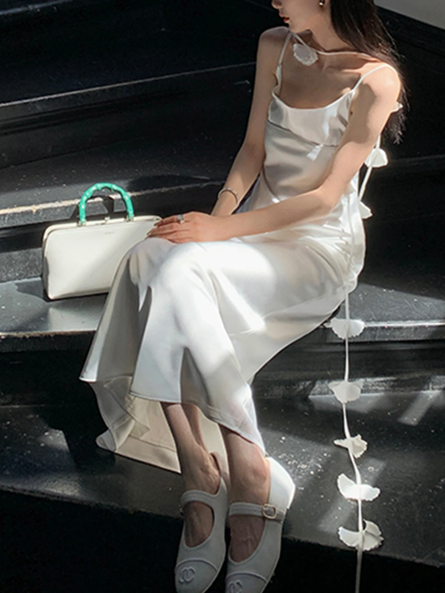 

Summer Silk Satin Floral Strapl Long Dr Women's ter Ne Bal Gown with Sa Slimming A-Line Skirt Commute