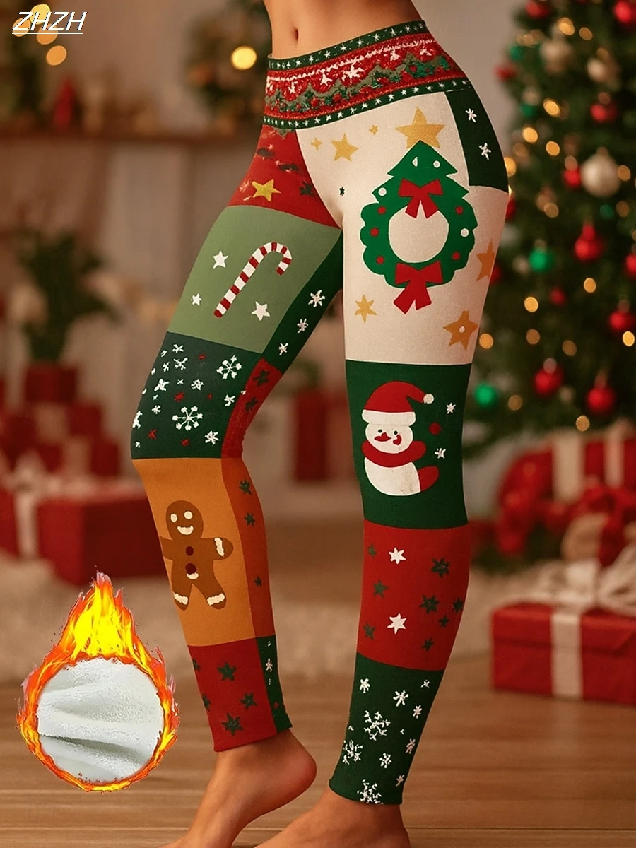 

2025 Christmas Women's Pants Leggings Vacation Streetwear Full Length Pants Ugly Christmas Snowflake Thermal Warm Comfy Stretchy