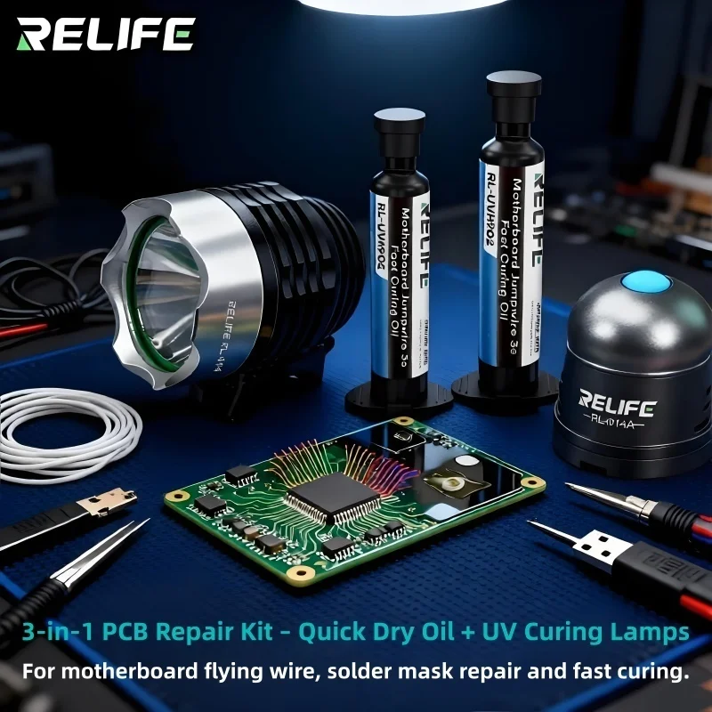 RELIFE 3S Fast Drying Solder Resist Oil RL-UVH902 10ML UV LED Green Oil Curing Lamp RL014 for Fast PCB Mainboard Repair Tool Kit