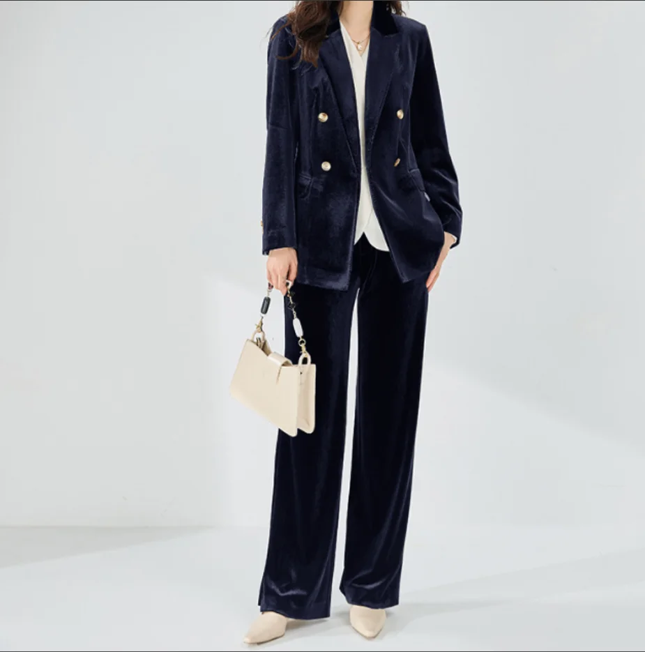 Women\'s 2 Piece Velvet Luxury and Elegant Women\'s Suit Classic Fit Double Breasted Pants Woman Blazer