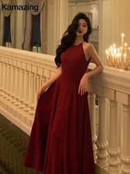 French Romantic Burgundy Evening Prom Dress Women Elegant Sleeveless A-line Graduation Midi Dresses Summer New Fashion Robe