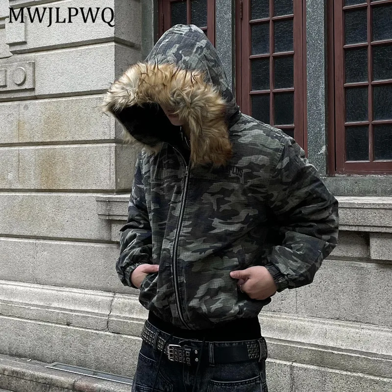 

MWJLPWQ Camouflage Letter Detachable Short Cotton Jacket For Men Fur Collar High Street American Thickened New Casual Coat 11210