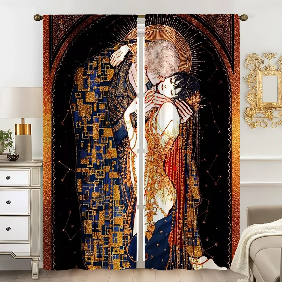 Juego de 2 piezas, cortina réplica del Beso de Klimt en azul dorado, diseño de bolsa para barra de cortina, adecuado para cortinas de dormitorio y sala de estar