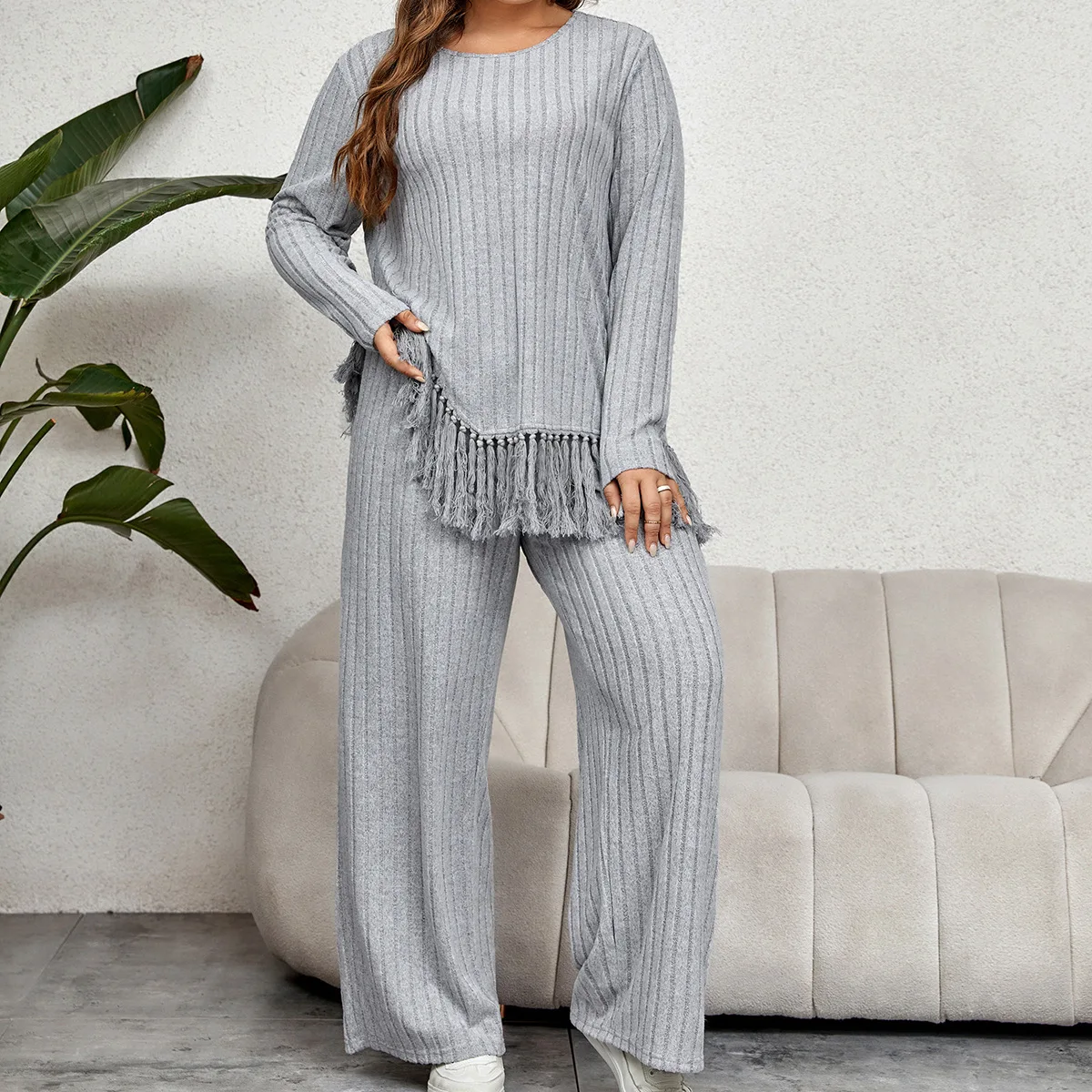 

Irregular fringed long-sleeved top loose wide-leg pants set two piece sets womens outifits