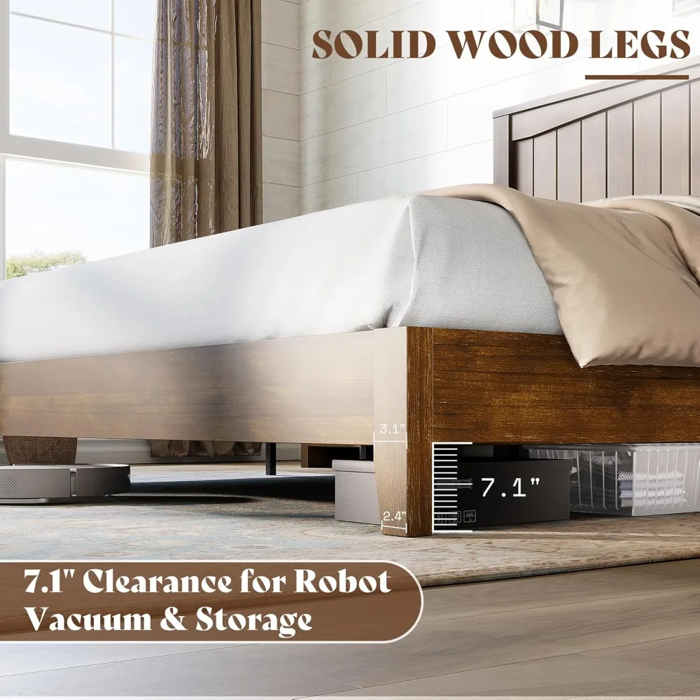 AMERLIFE Estrutura de cama de madeira maciça queen size com cabeceira de painel de 48", cama de plataforma moderna de meados do século com ripas de madeira duráveis, não