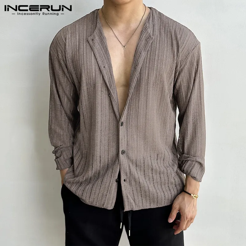 Men Shirt Striped V Neck Long Sleeve Button Knitted Autumn Men Clothing 2023 Korean Style Streetwear Casual Shirts S-5XL INCERUN