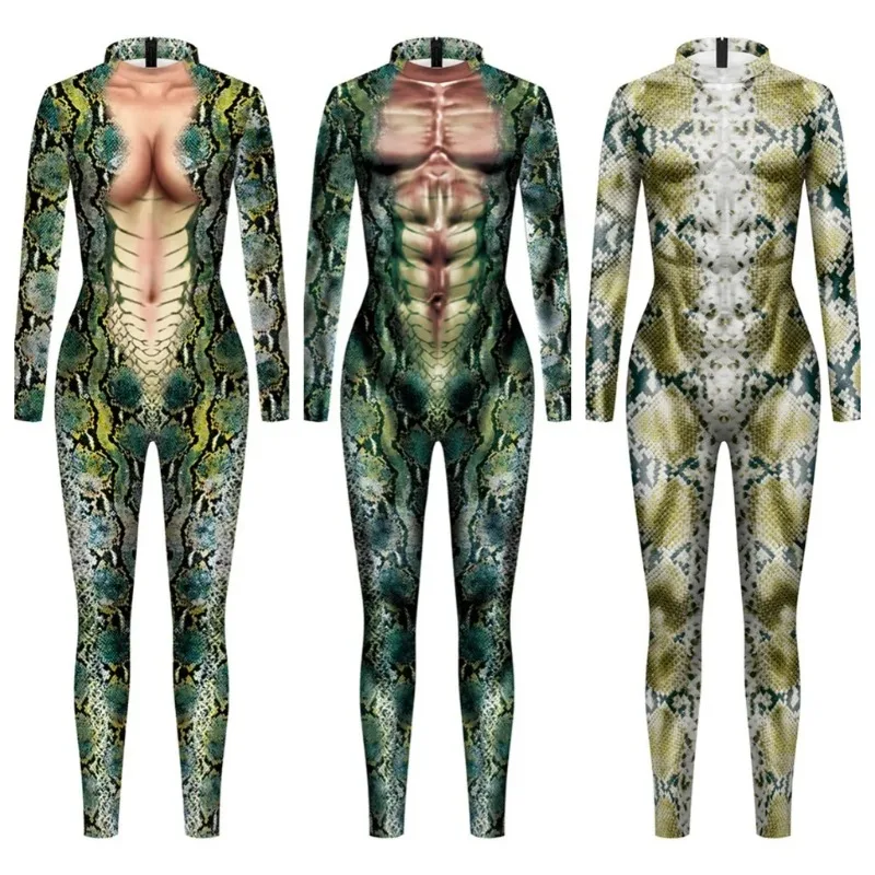 Halloween Cosplay Costume for Adult Women Men Animals Snake Python 3D Printed Jumpsuit Dancing Party Dress Up Slim  Bodysuits