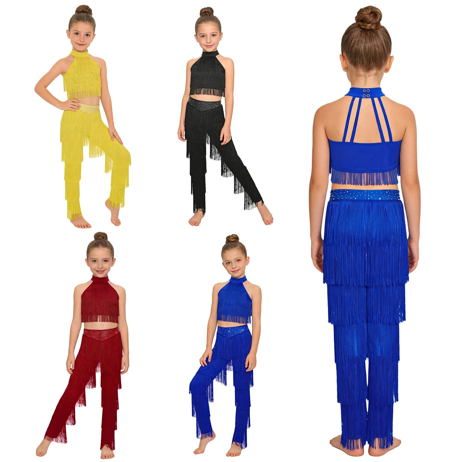 

Kids Girls Latin Jazz Dance Costume Sleeveless Tassels Crop Top with Rhinestone Pants Cha-cha Salsa Samba Rumba Tango Dancewear