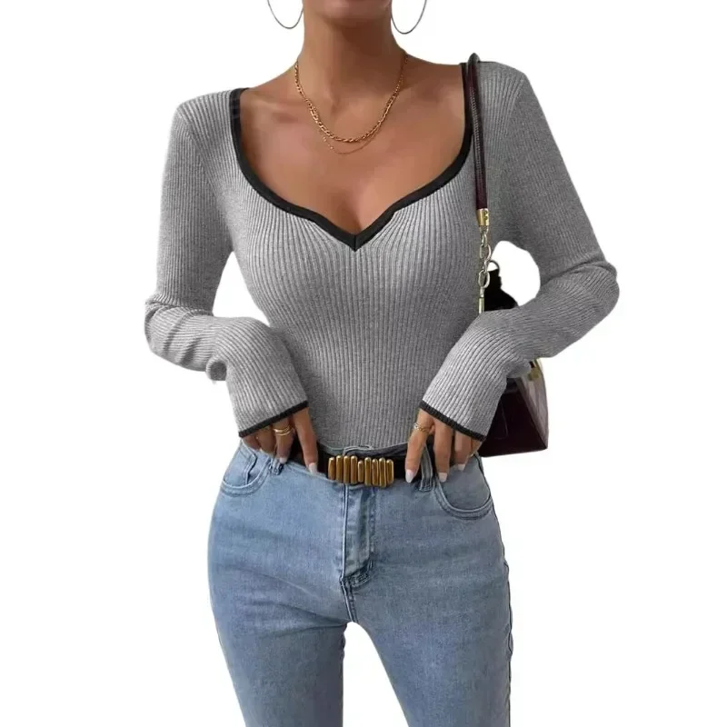 Women's V-neck Striped Contrasting Wide Knitwear When Fitting Fashion Blouse